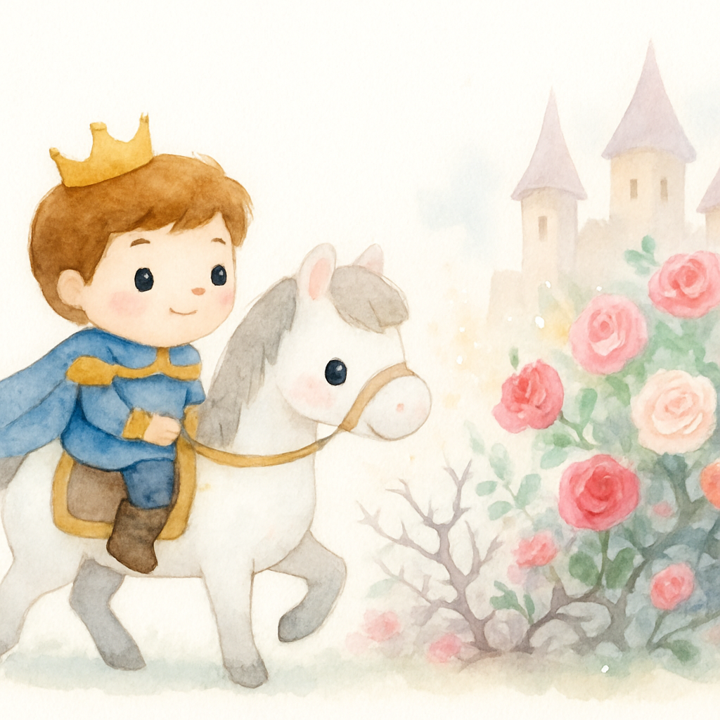 왕자가 말을 타고 성에 도착하고 가시덤불이 꽃으로 변하는 장면